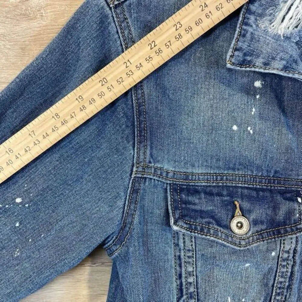 Queen Hearts Womens Long Denim Jacket‎ Blue Size Medium Distressed Grunge Rock - Picture 6 of 12